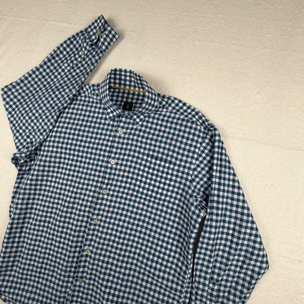 Robert Talbott Classic Mens Blue Green Gingham‎ Linen Cotton Button Down Shirt L